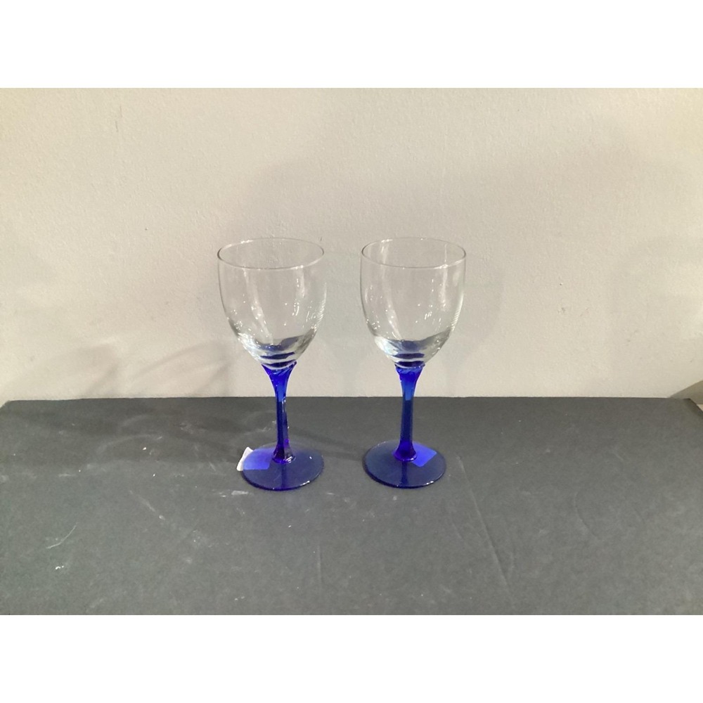 Set Of 2 Libbey Domaine Cobalt Blue Flower Stem Water Wine Glasses